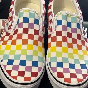 Brand New Vans. Rainbow Check on white background, Mens 8 Woman’s 9 1/2.